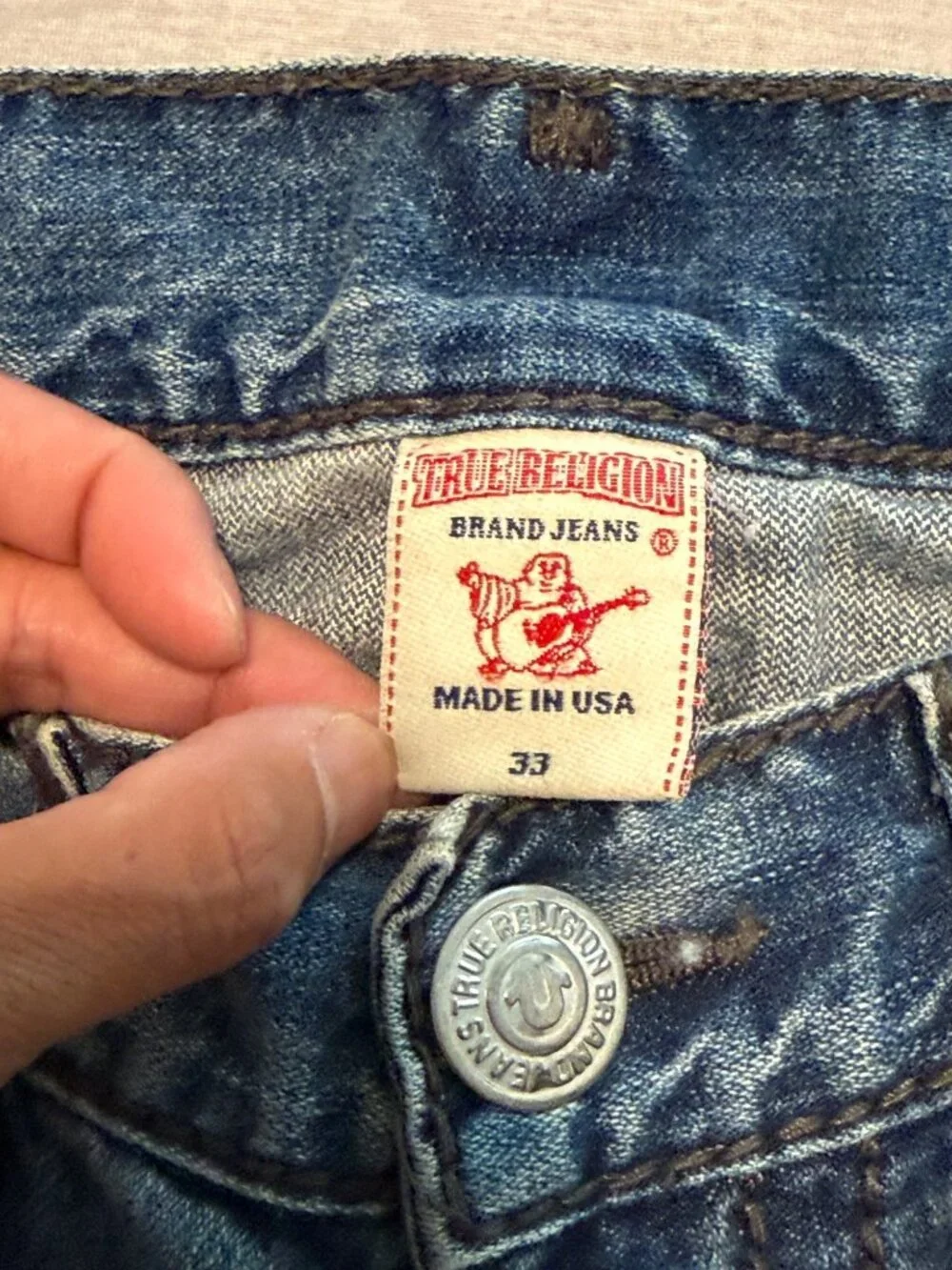 True Religion Mens Ricky Giant Big T Jeans Distressed Light Wash Denim SZ 33